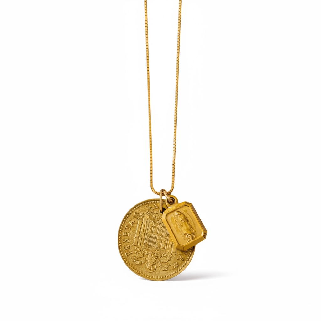 Spain 1 Peseta Coin + Mary Pendant