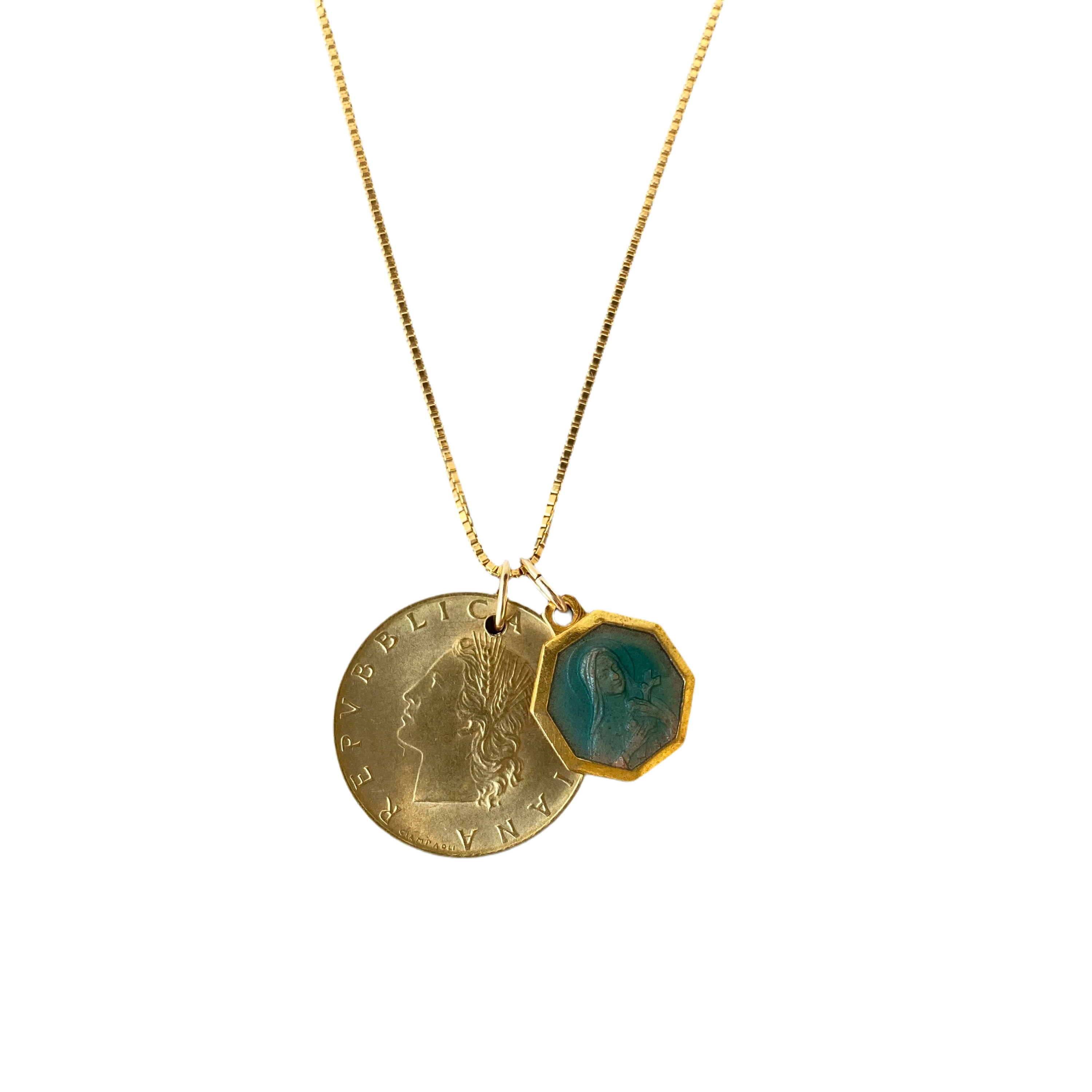 Italy 20 Lire Coin + Vintage Aqua Blue Saint Thérèse of Lisieux Pendant