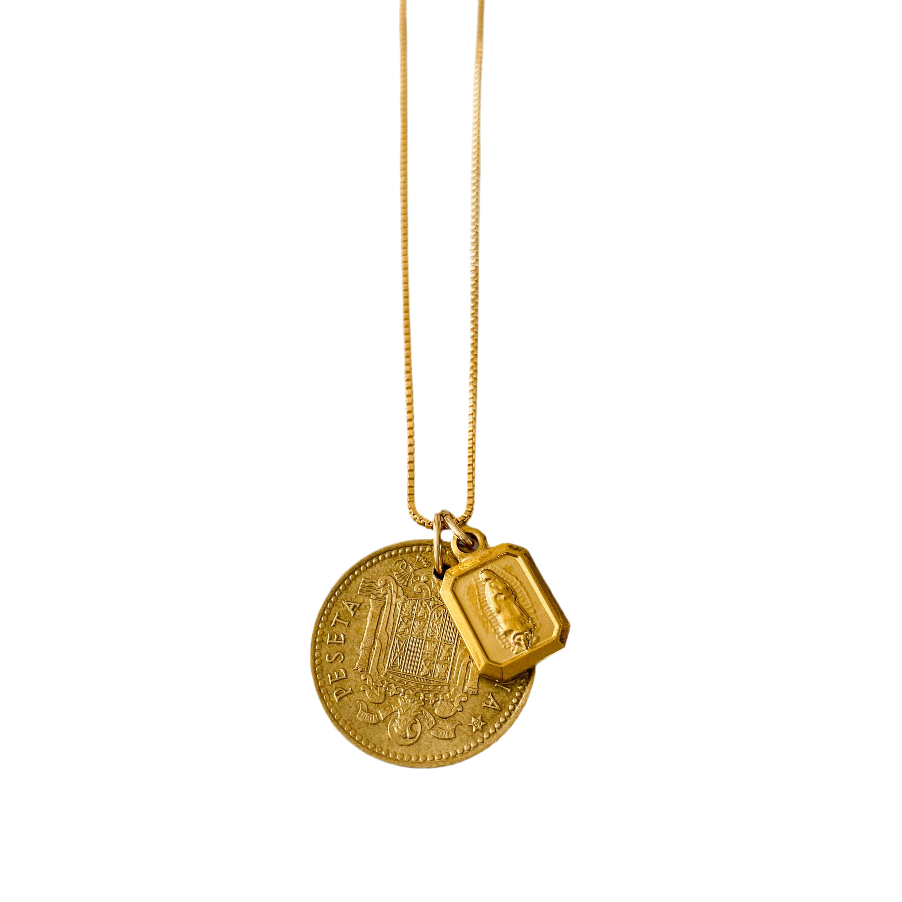 Spain 1 Peseta Coin + Mary Pendant