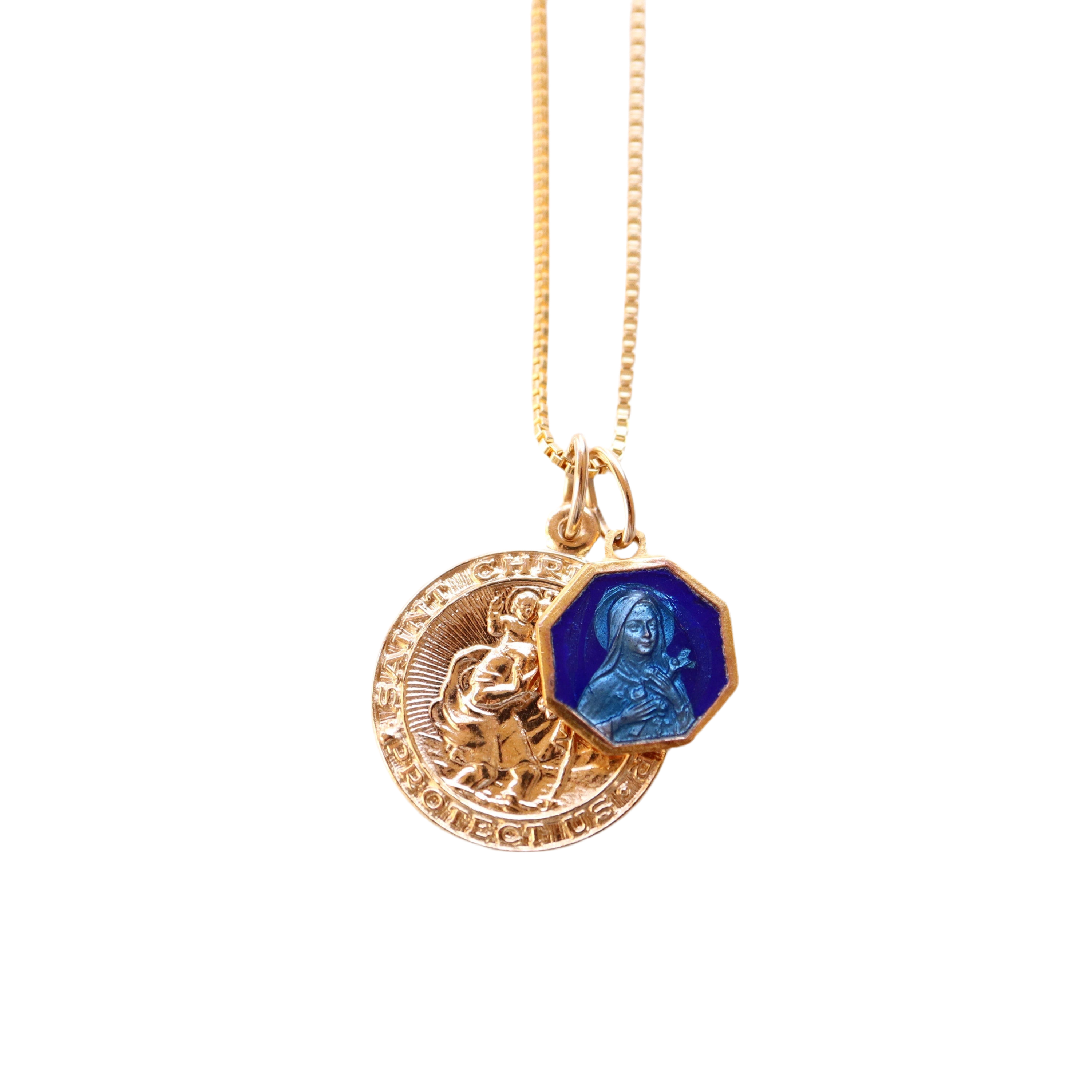 Saint Christopher + Vintage Saint Thérèse of Lisieux Pendant (Two-Toned Blue Enamel)