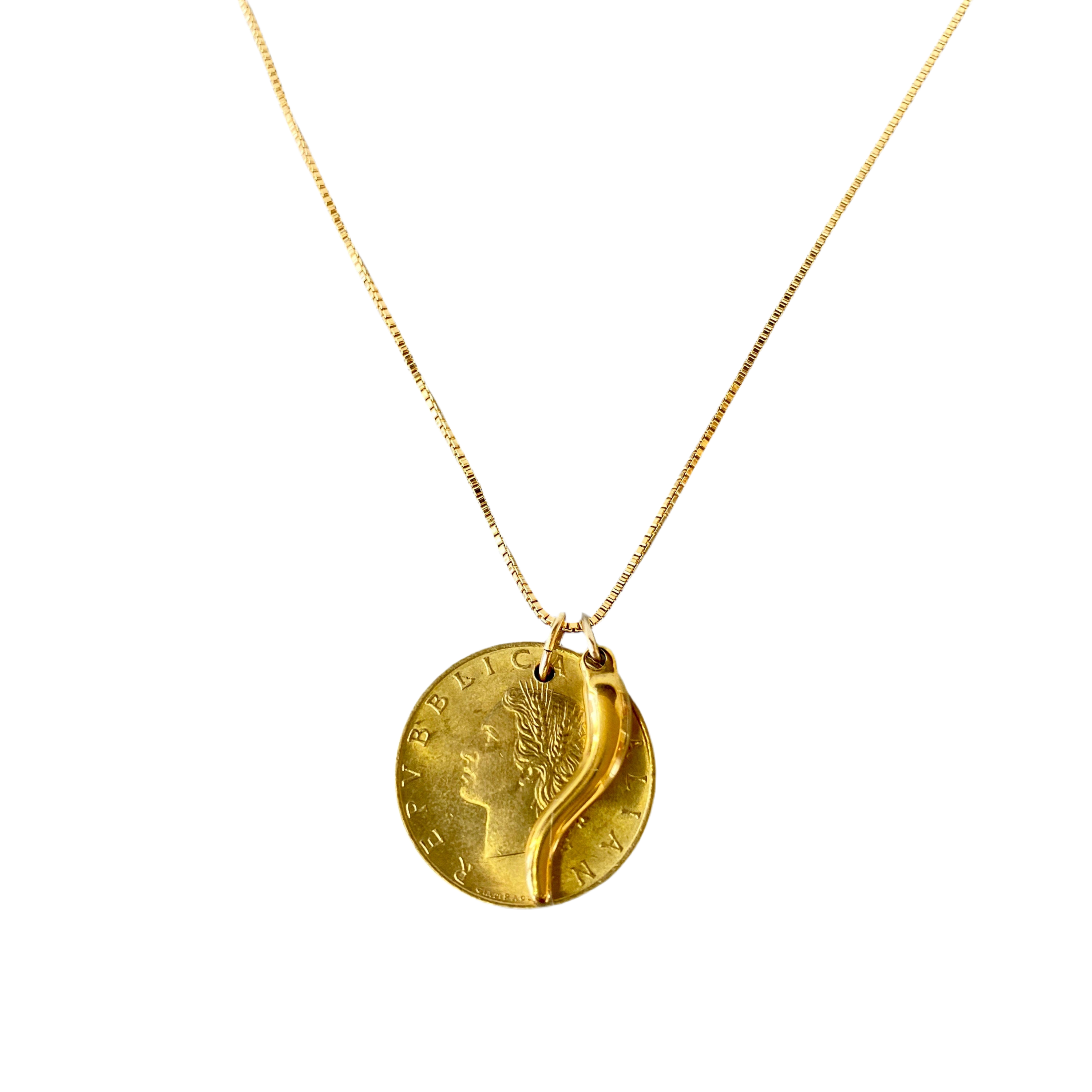 Italy 20 Lire Coin + Italian Horn Pendant