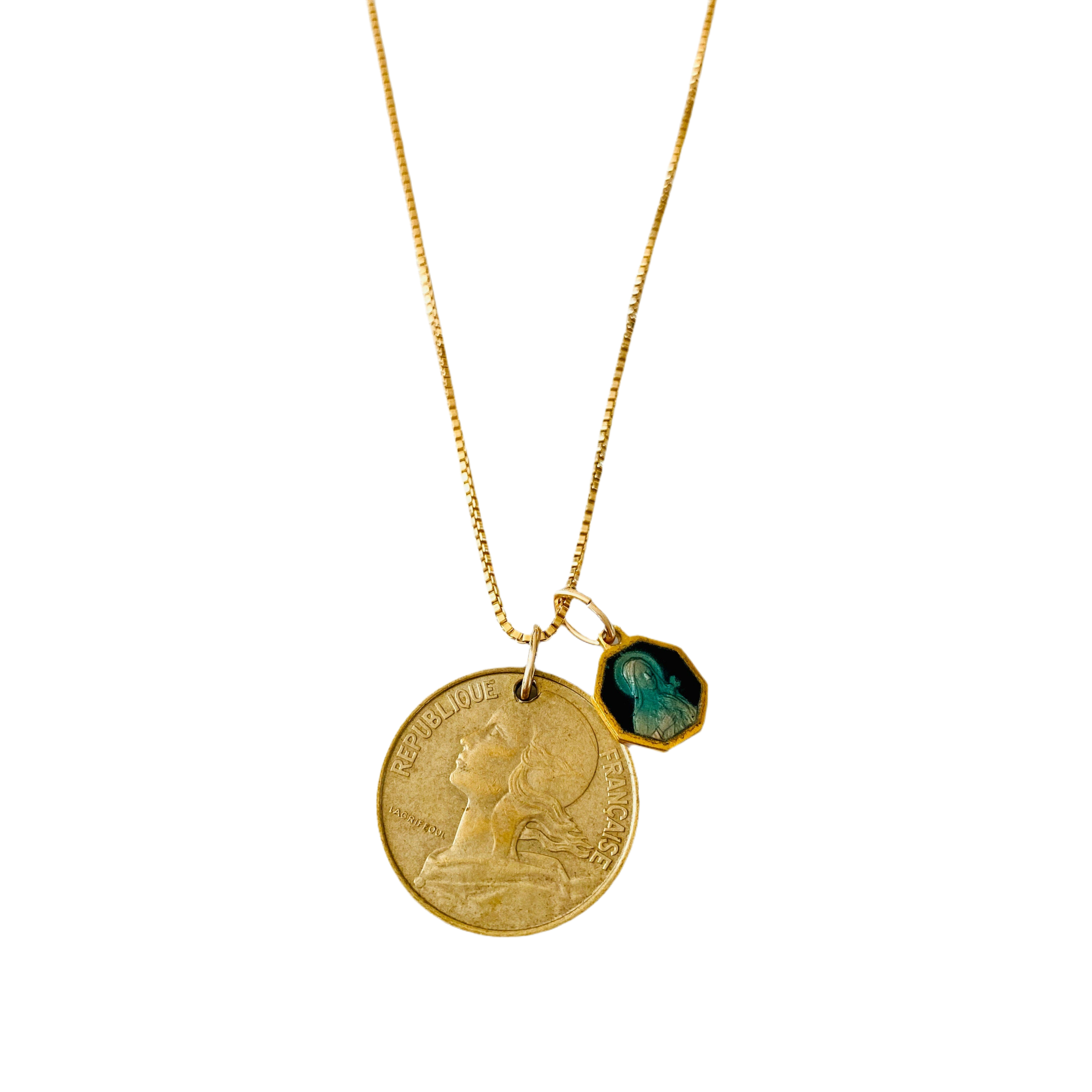 France 10 Centimes + St. Thérèse of Lisieux Enamel (Aqua or Dark Blue)