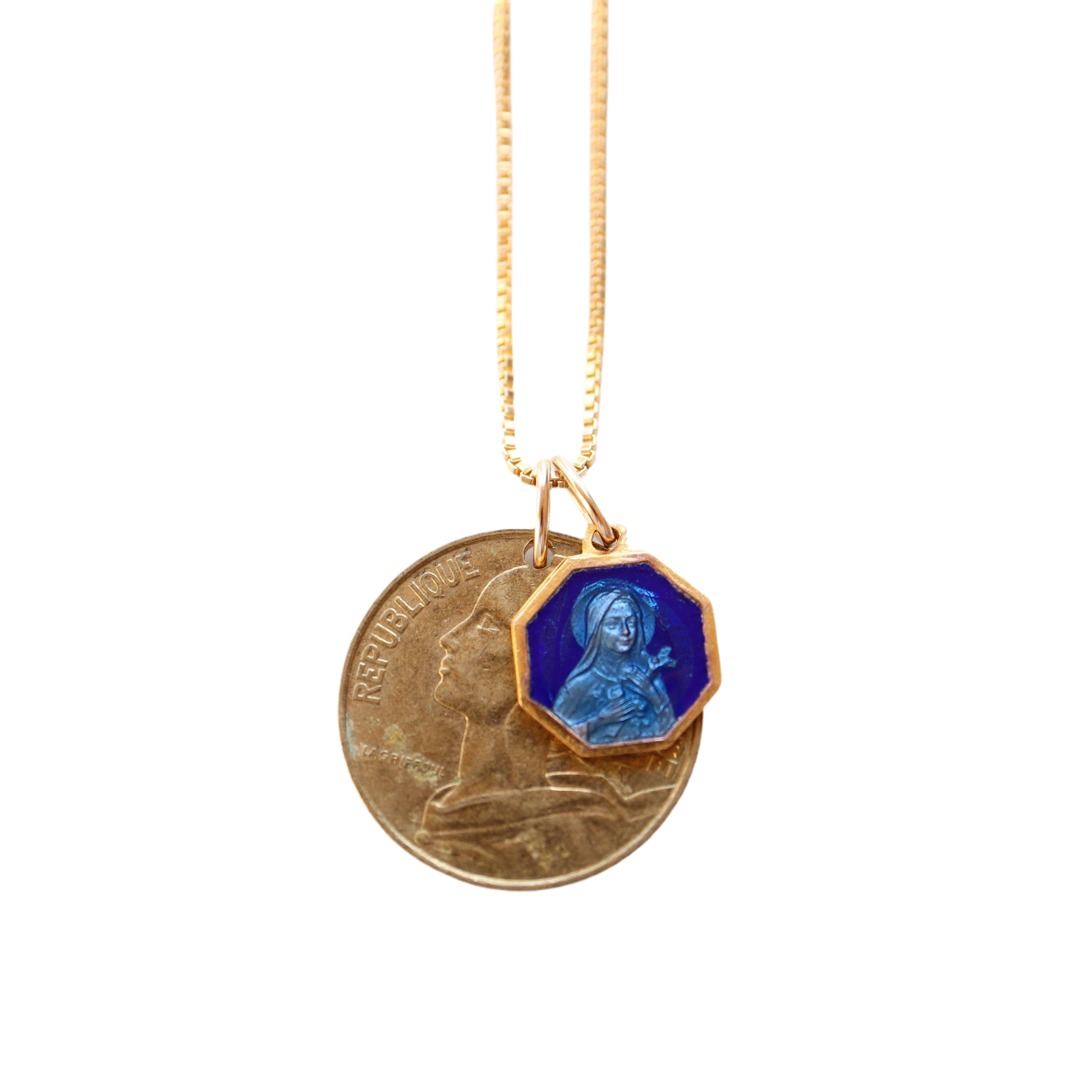 France 10 Centimes + St. Thérèse of Lisieux Blue Enamel