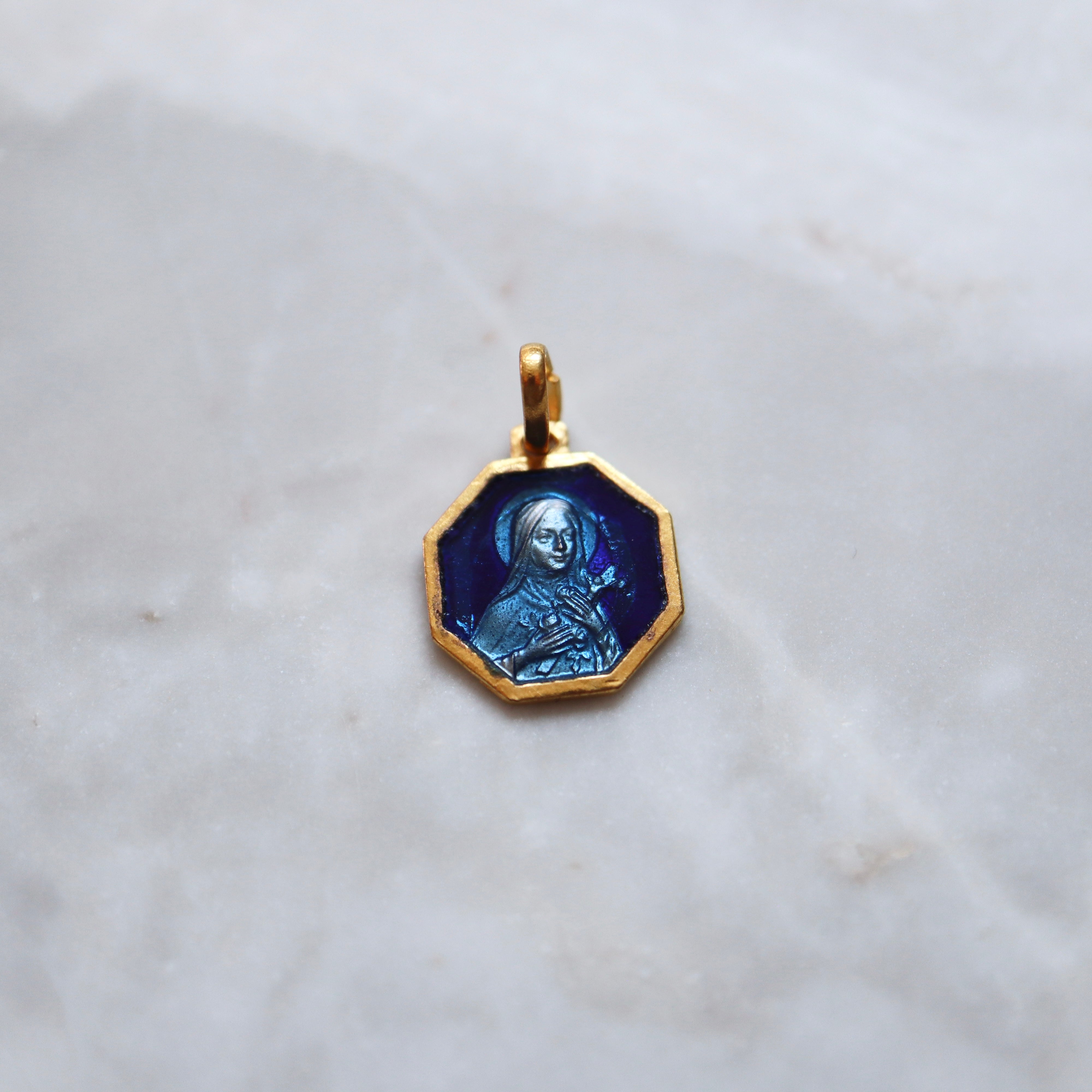 Saint Therese Pendant with Blue Two-Toned Enamel