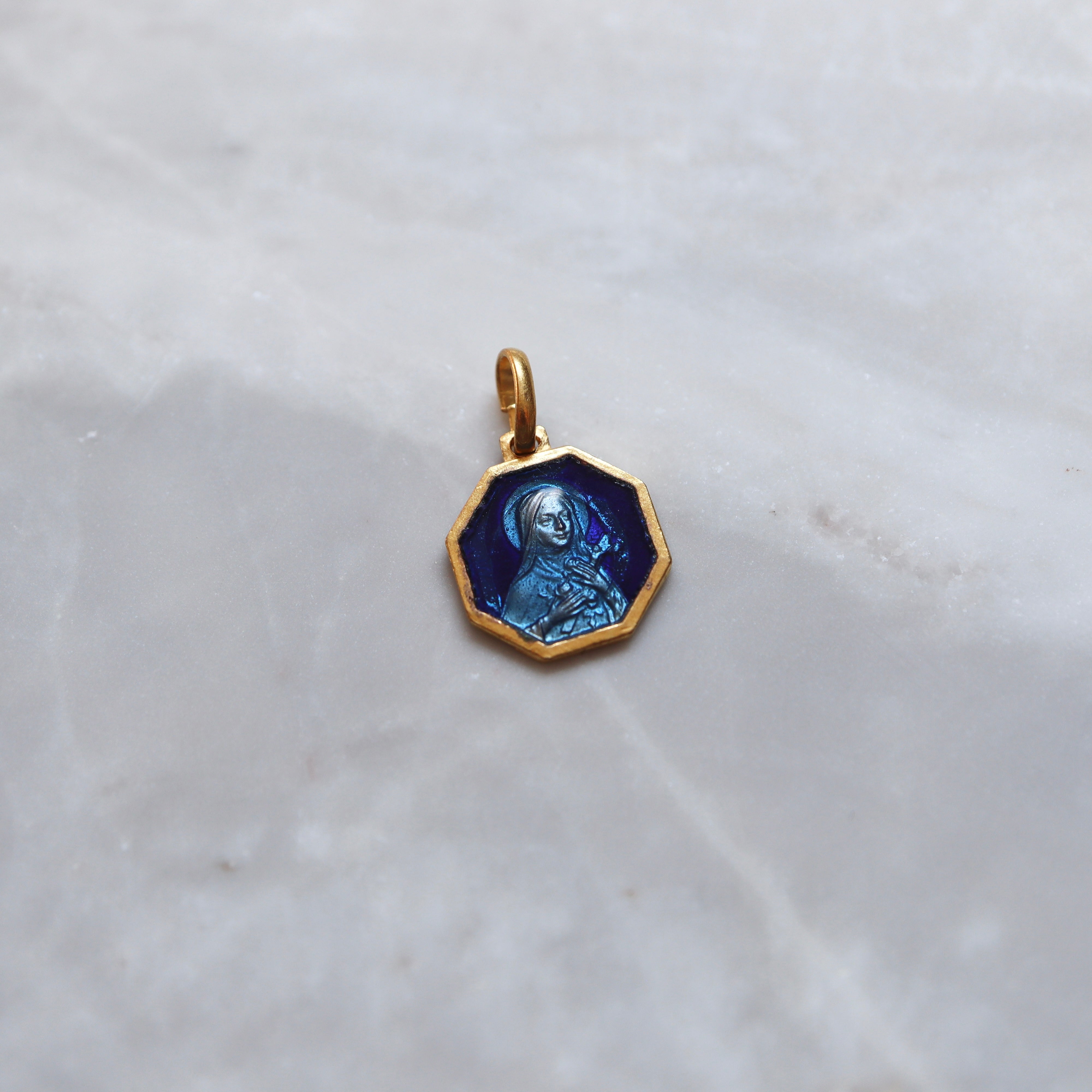 Saint Therese Pendant with Blue Two-Toned Enamel