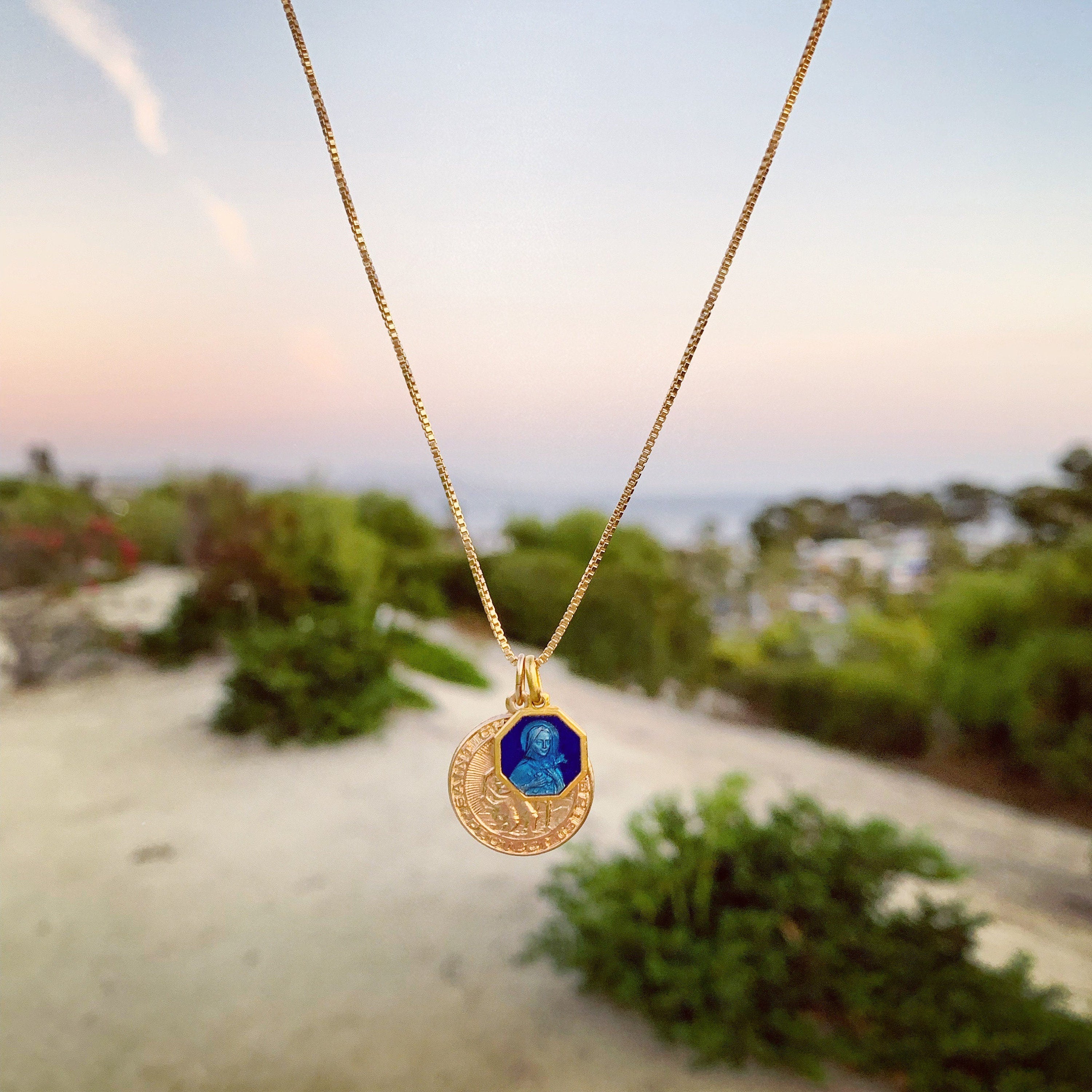 ST CHRISTOPHER | Vintage Saint Therese of Lisieux (Two-Toned Blue Enamel) on Gold Filled Necklace