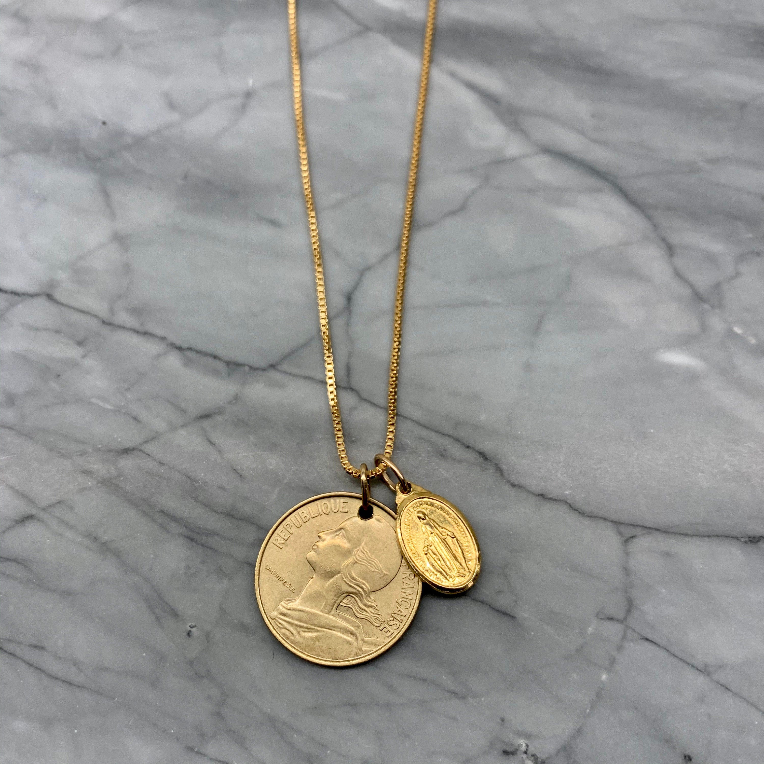 FRANCE | Vintage Coin & Vintage Mary Necklace