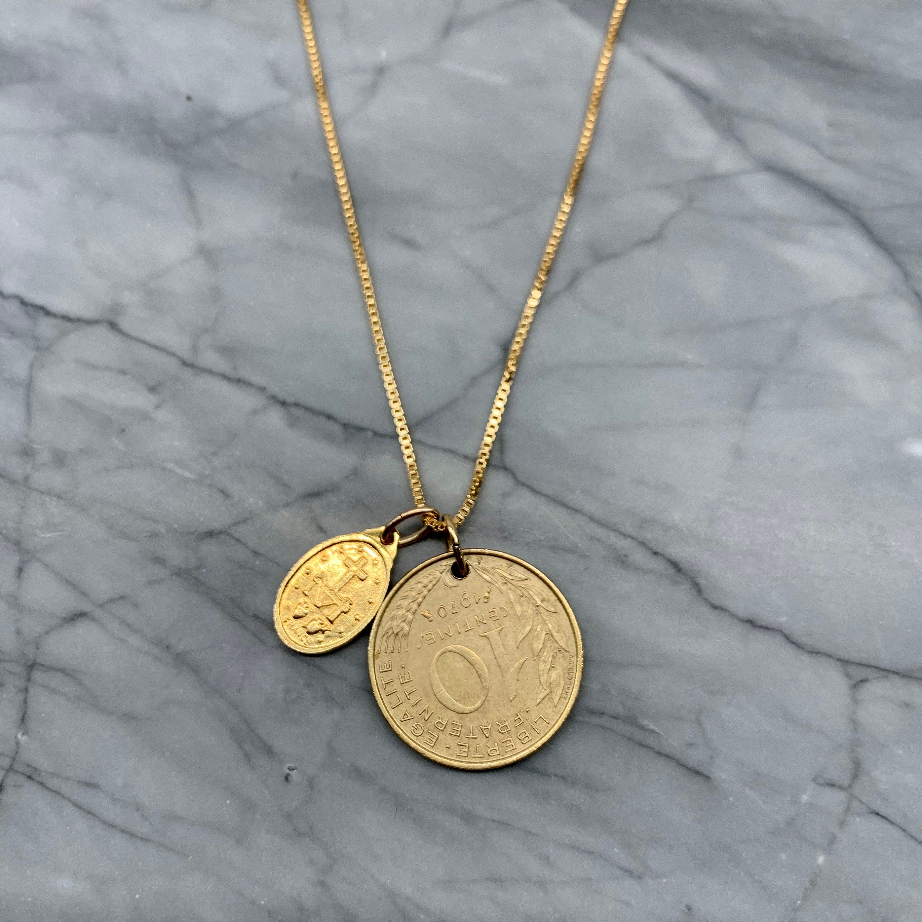 FRANCE | Vintage Coin & Vintage Mary Necklace