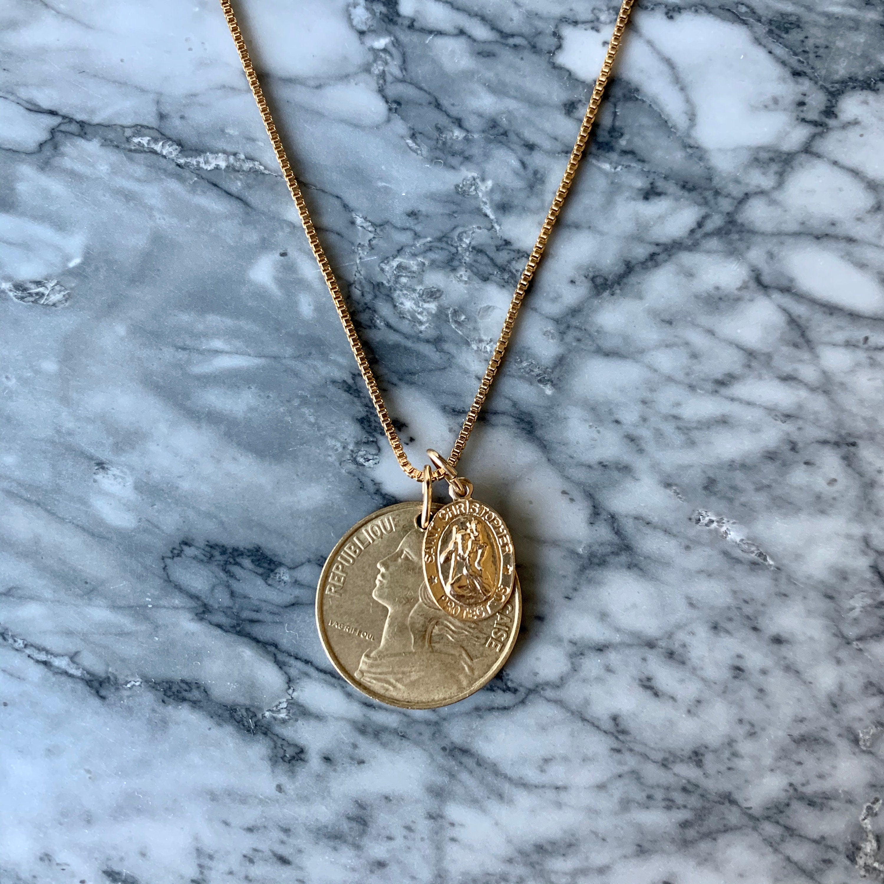 FRANCE | Vintage Coin & Saint Christopher Necklace