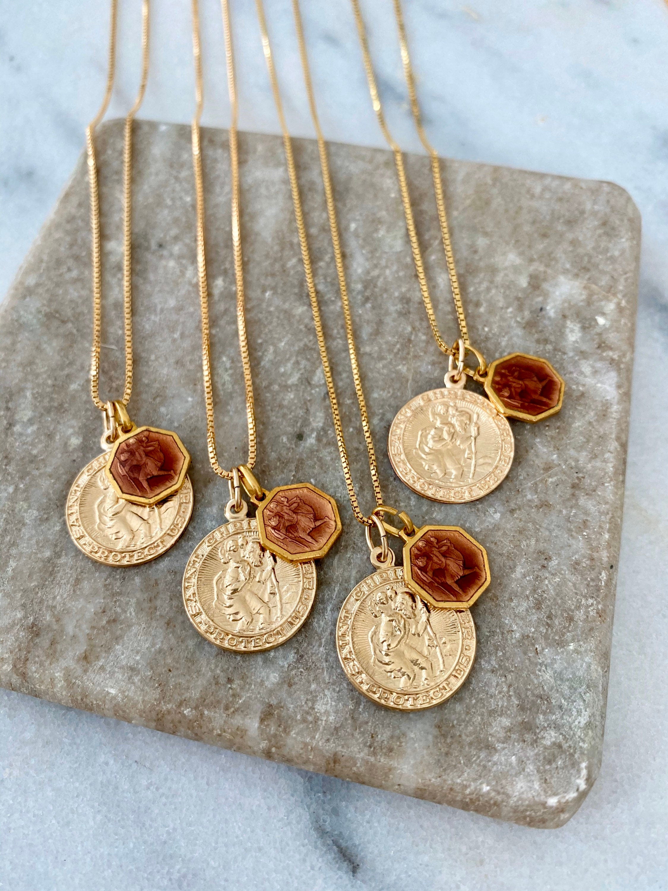 ST CHRISTOPHER | Vintage Rose Gold Enamel Necklace