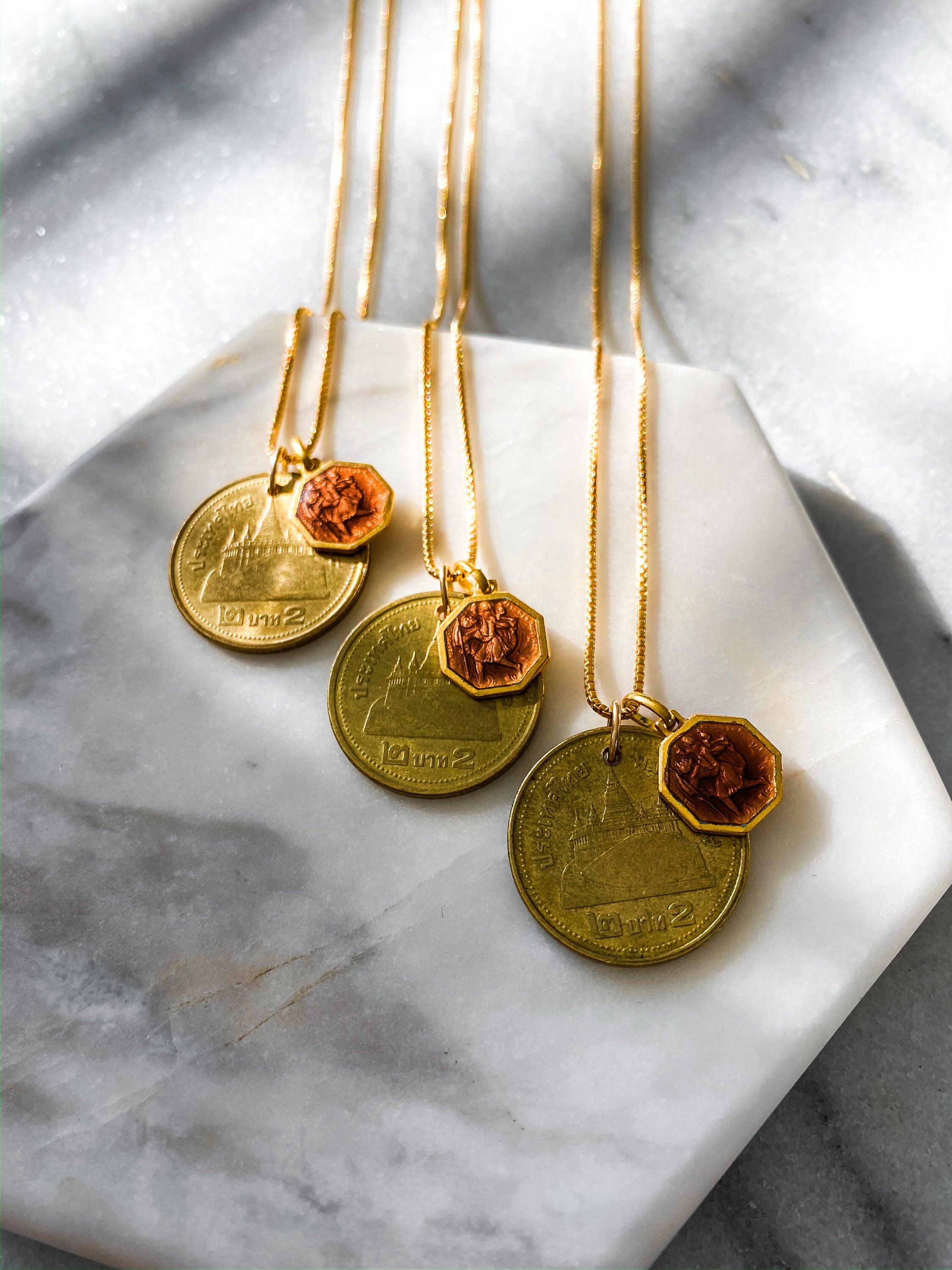 THAILAND | Vintage Coin & Saint Christopher (Rose Gold Enamel) Necklace