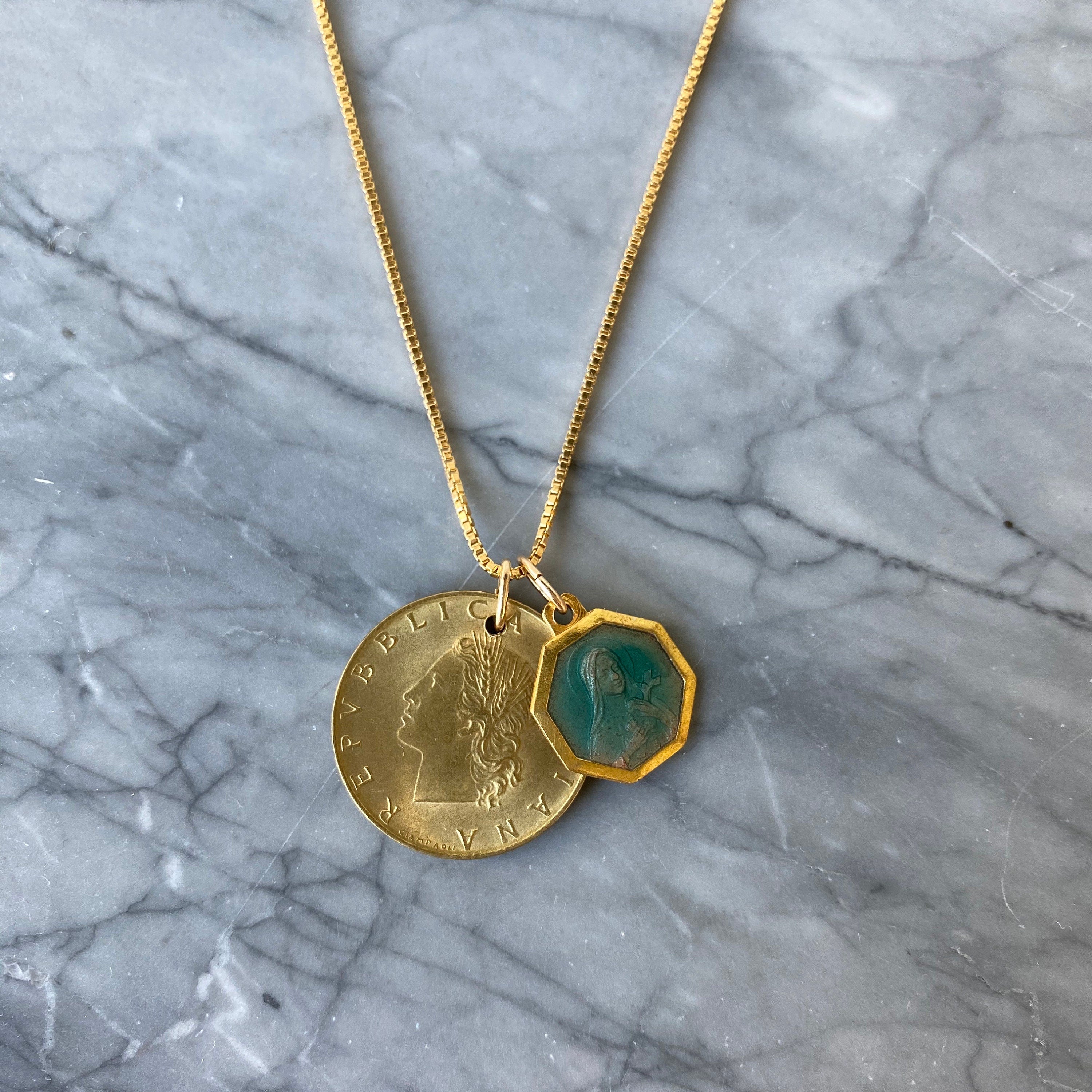 ITALY | Vintage Coin & Saint Therese of Lisieux (Aqua Blue Enamel) Necklace