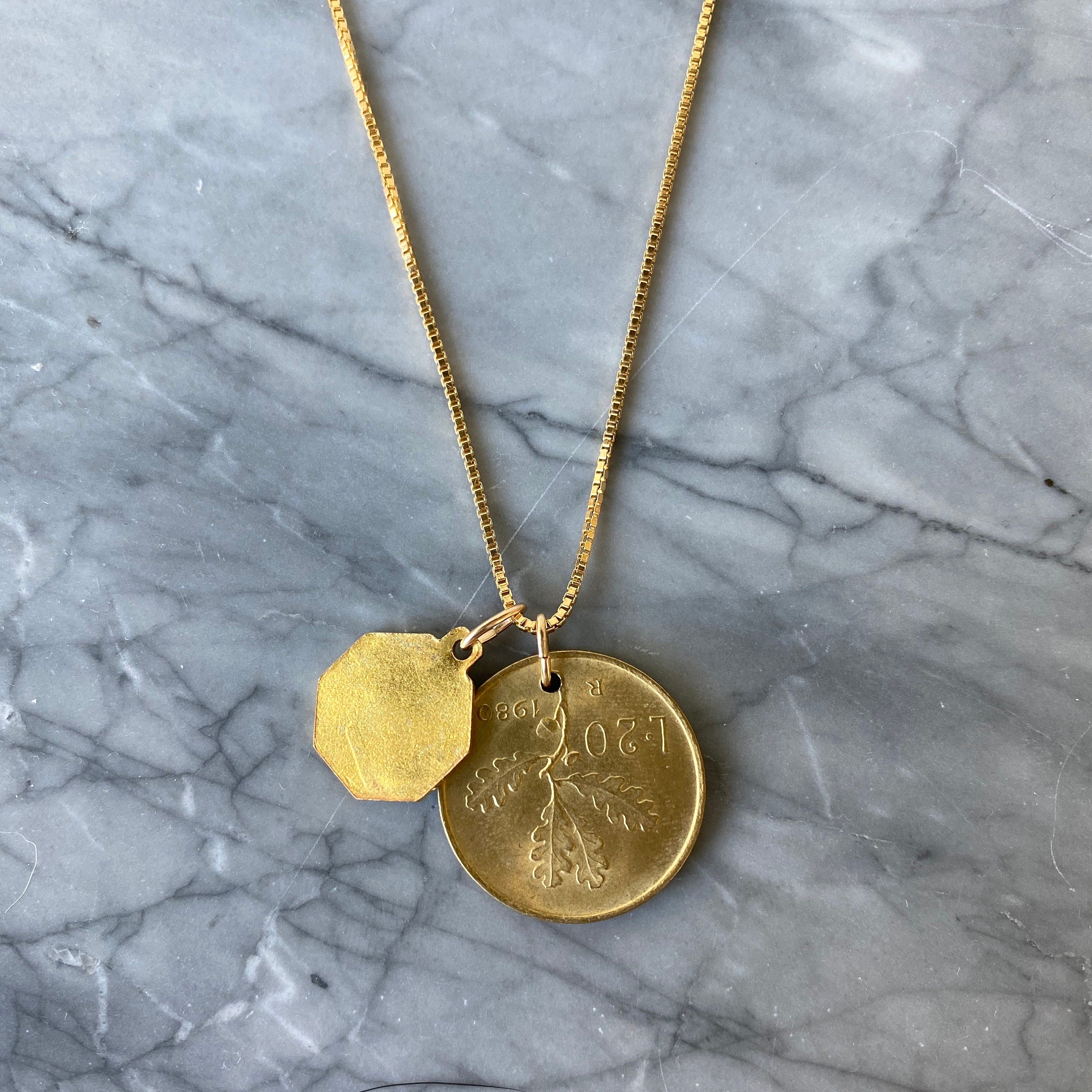 ITALY | Vintage Coin & Saint Therese of Lisieux (Aqua Blue Enamel) Necklace