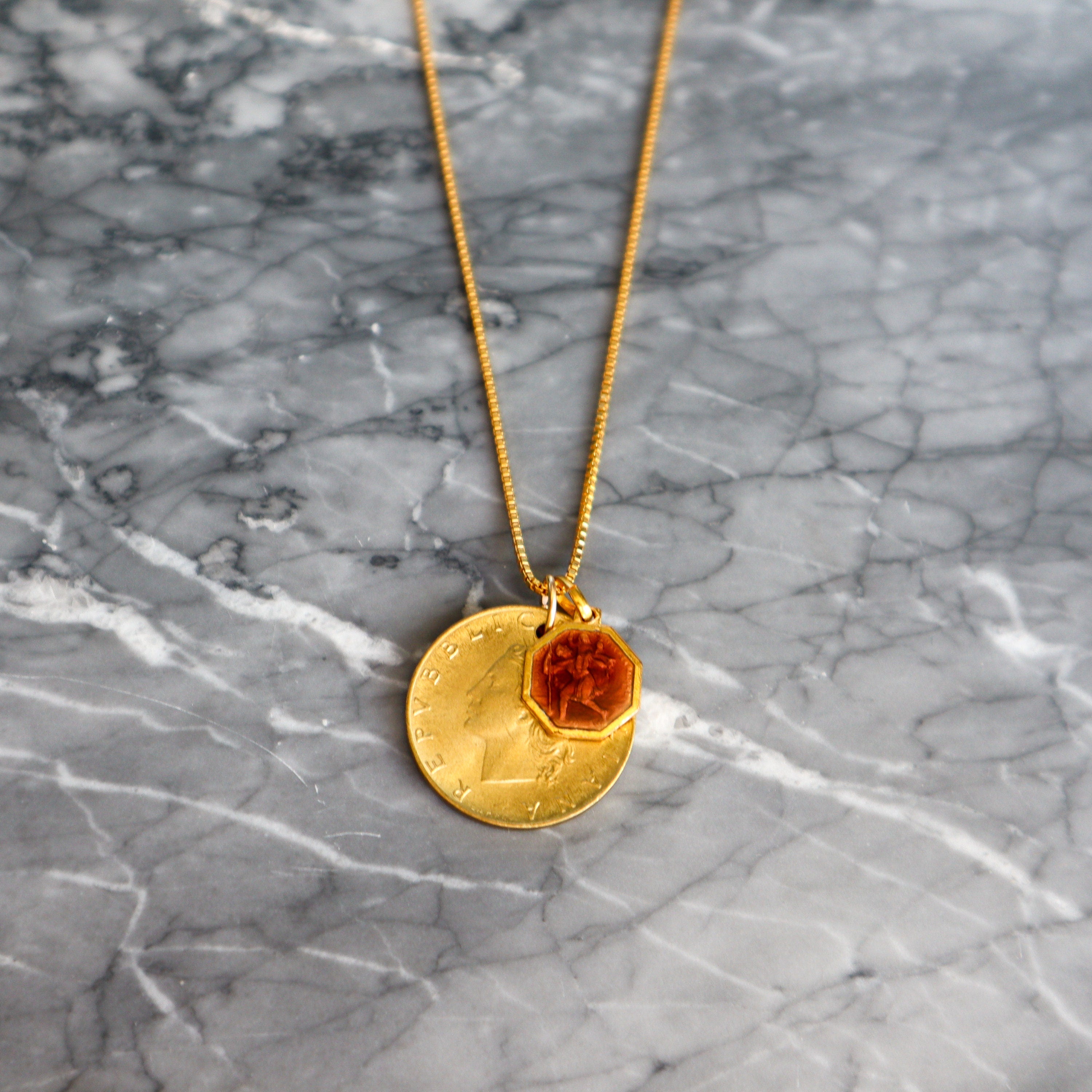 ITALY | Vintage Coin & Saint Christopher (Rose Gold Enamel) Necklace