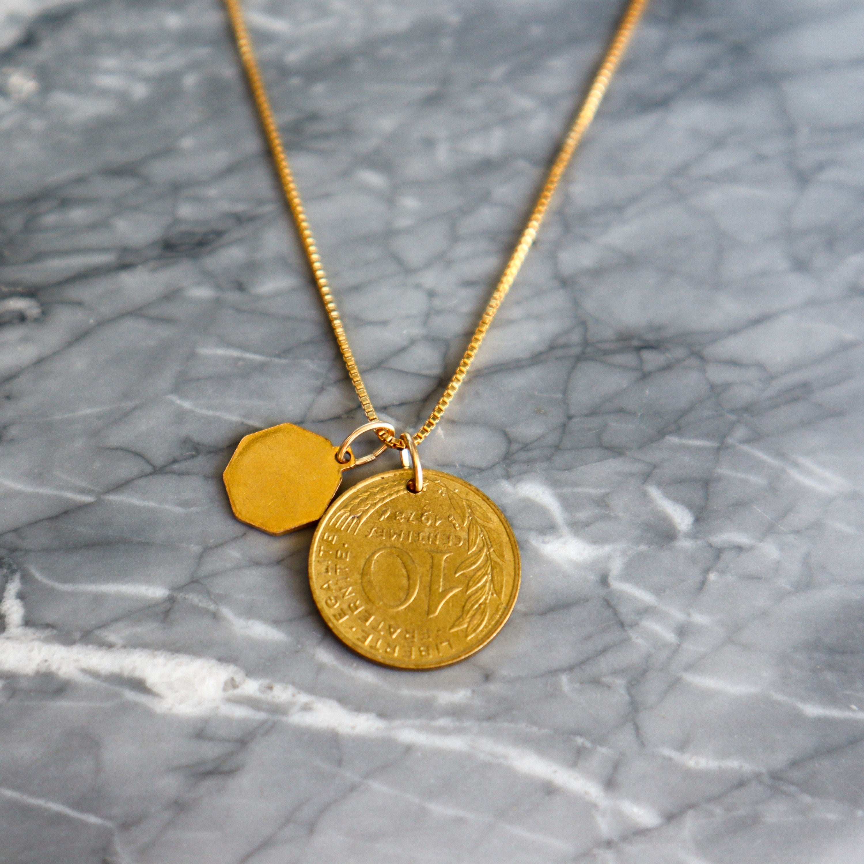 FRANCE | Vintage Coin & Saint Therese (Blue Enamel) Necklace