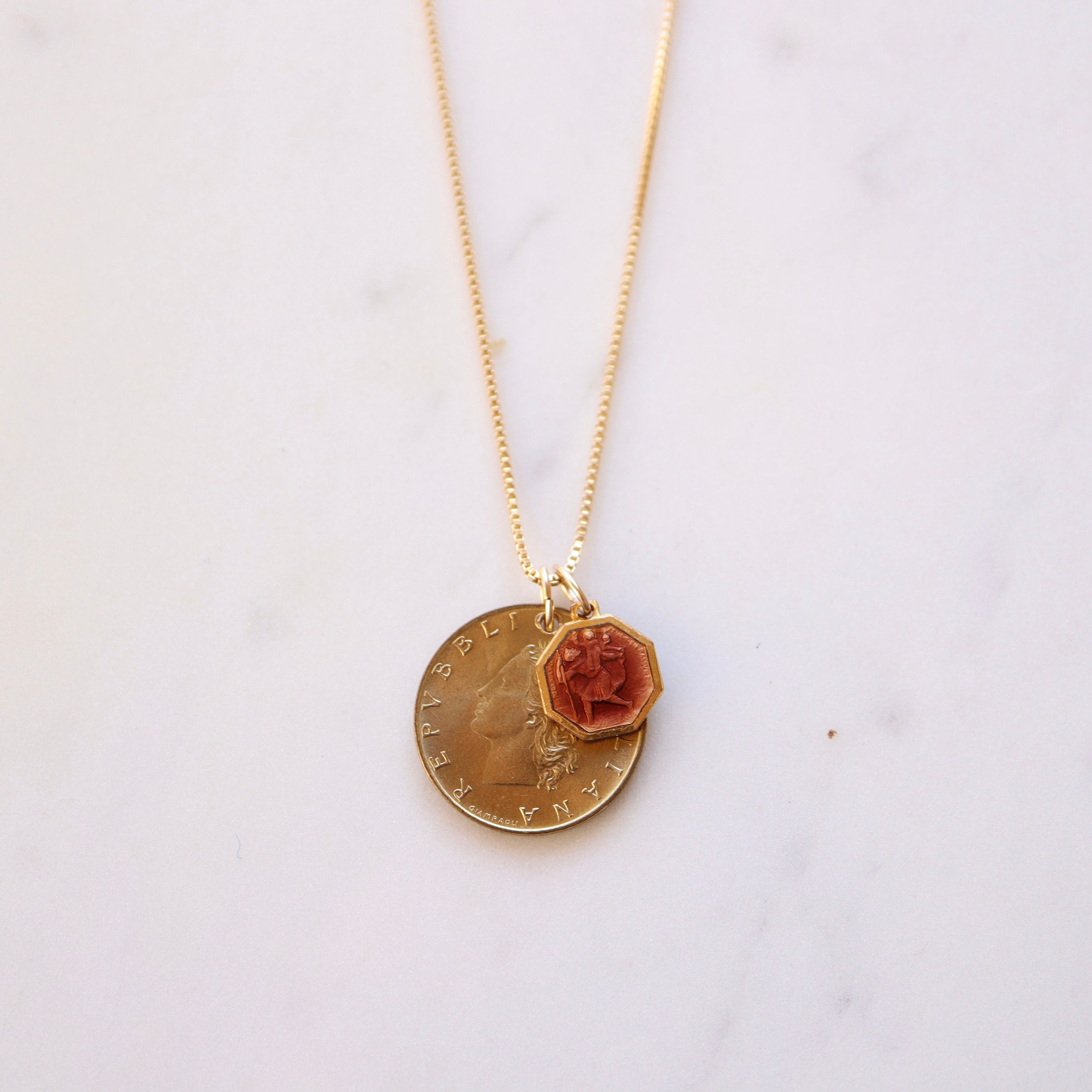 ITALY | Vintage Coin & Saint Christopher (Rose Gold Enamel) Necklace