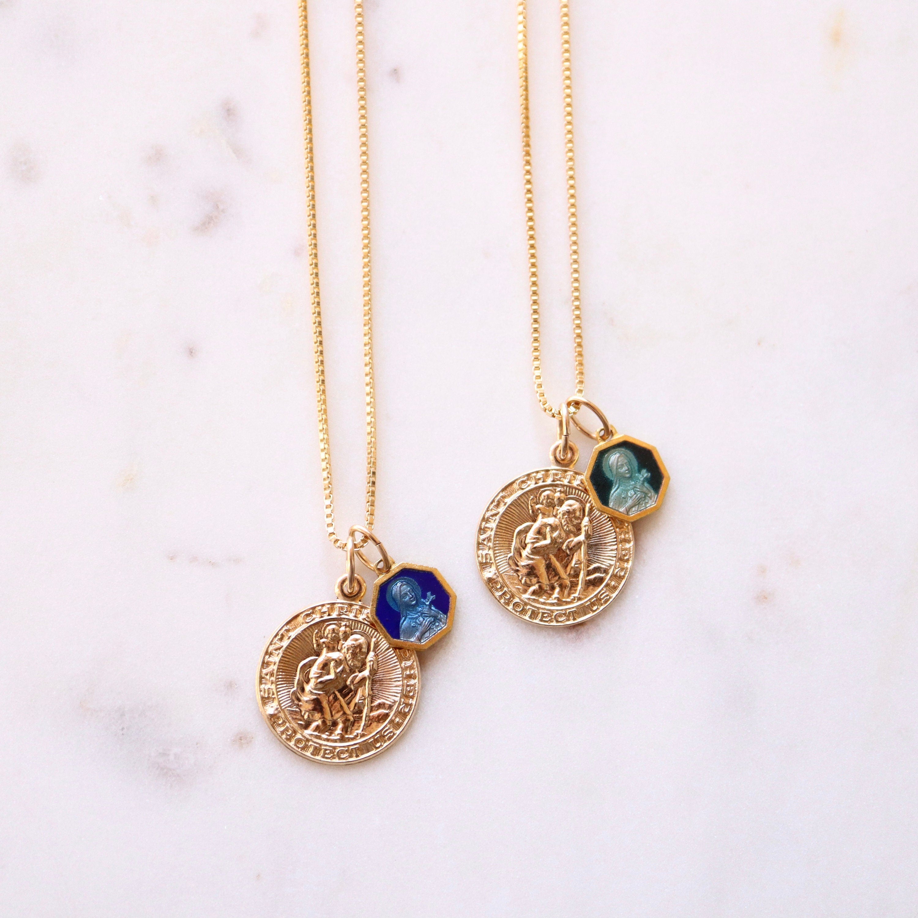 ST CHRISTOPHER | Small Vintage Saint Therese of Lisieux (Aqua or Dark Blue Enamel) Necklace