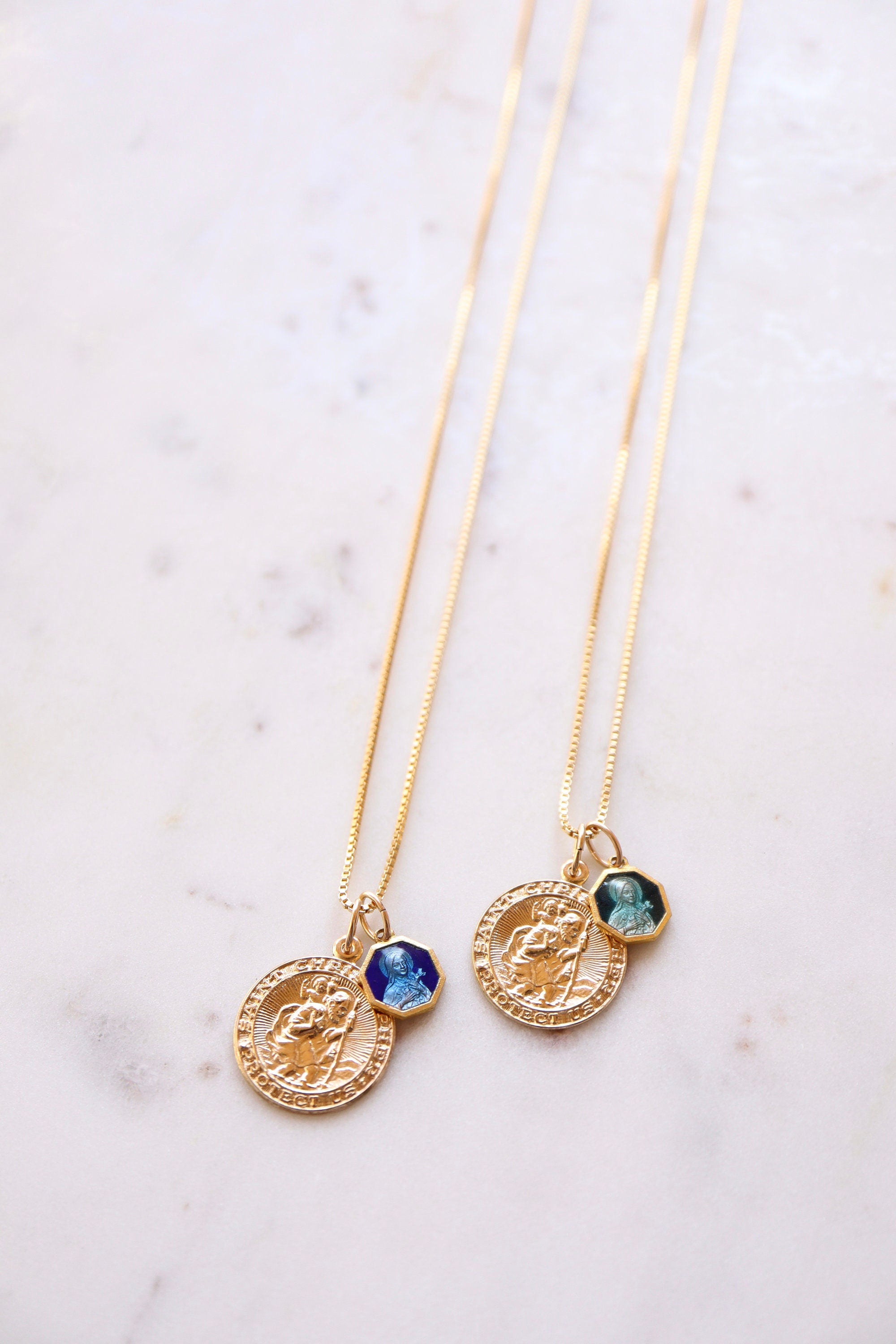 ST CHRISTOPHER | Small Vintage Saint Therese of Lisieux (Aqua or Dark Blue Enamel) Necklace