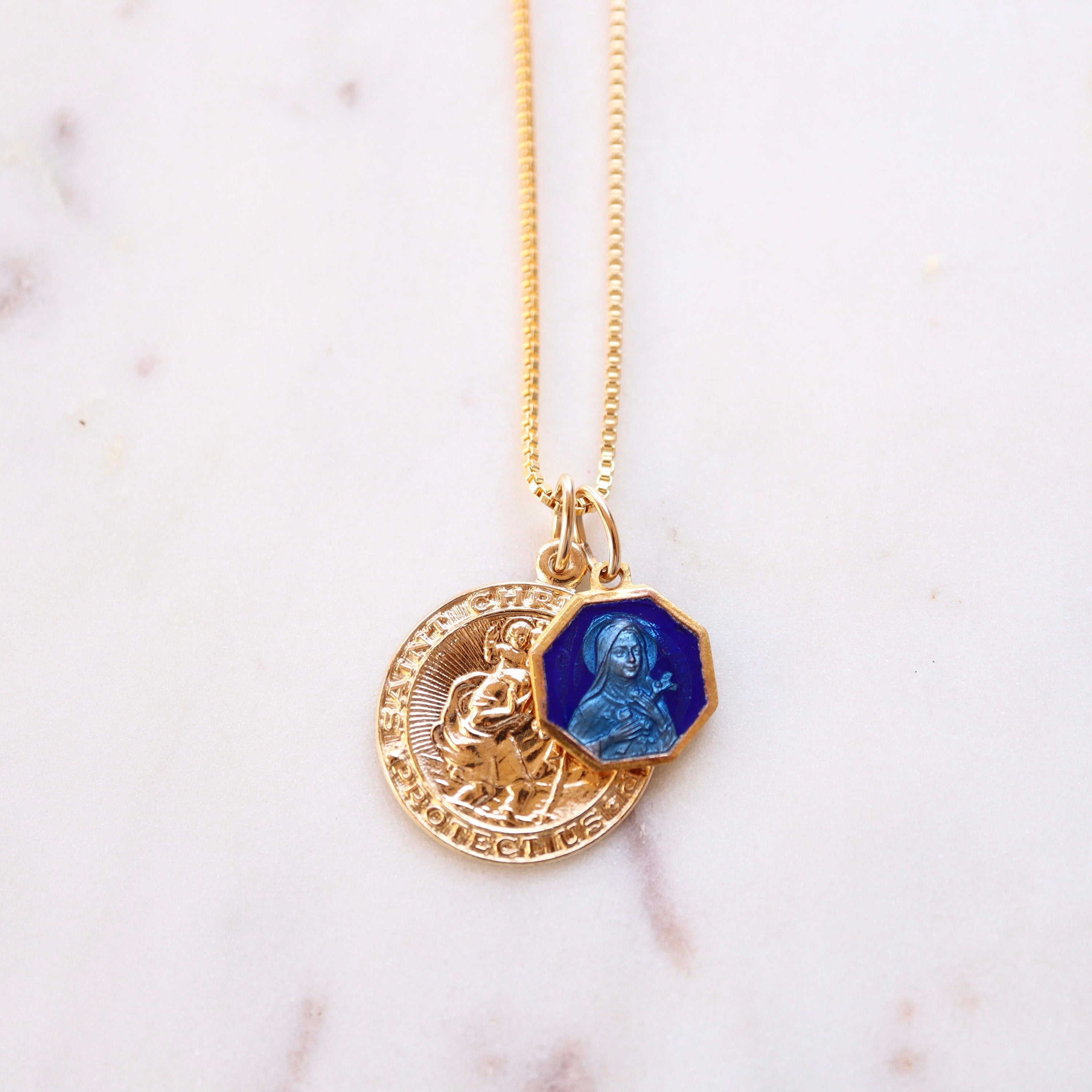 ST CHRISTOPHER | Vintage Saint Therese of Lisieux (Two-Toned Blue Enamel) on Gold Filled Necklace