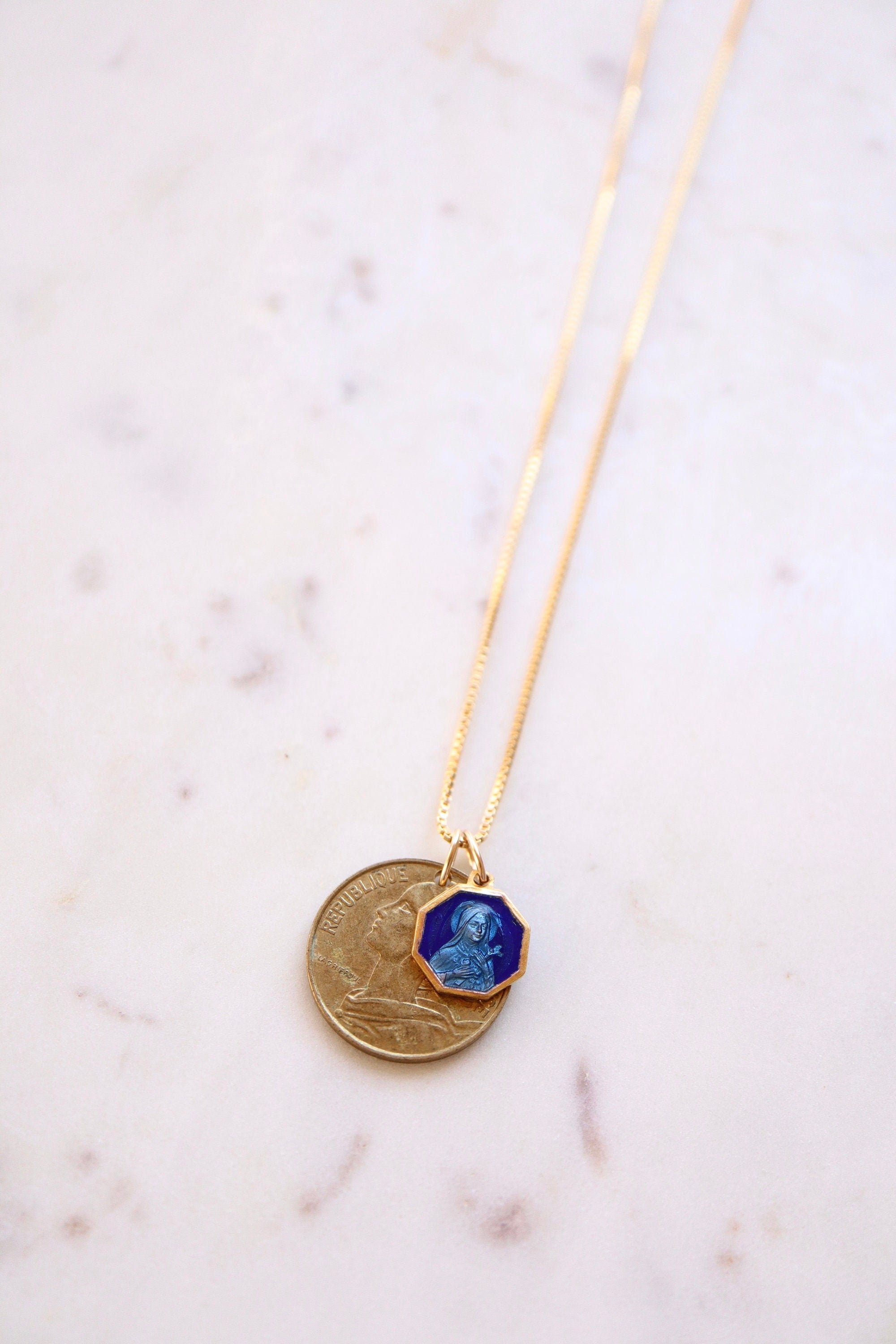 FRANCE | Vintage Coin & Saint Therese (Blue Enamel) Necklace