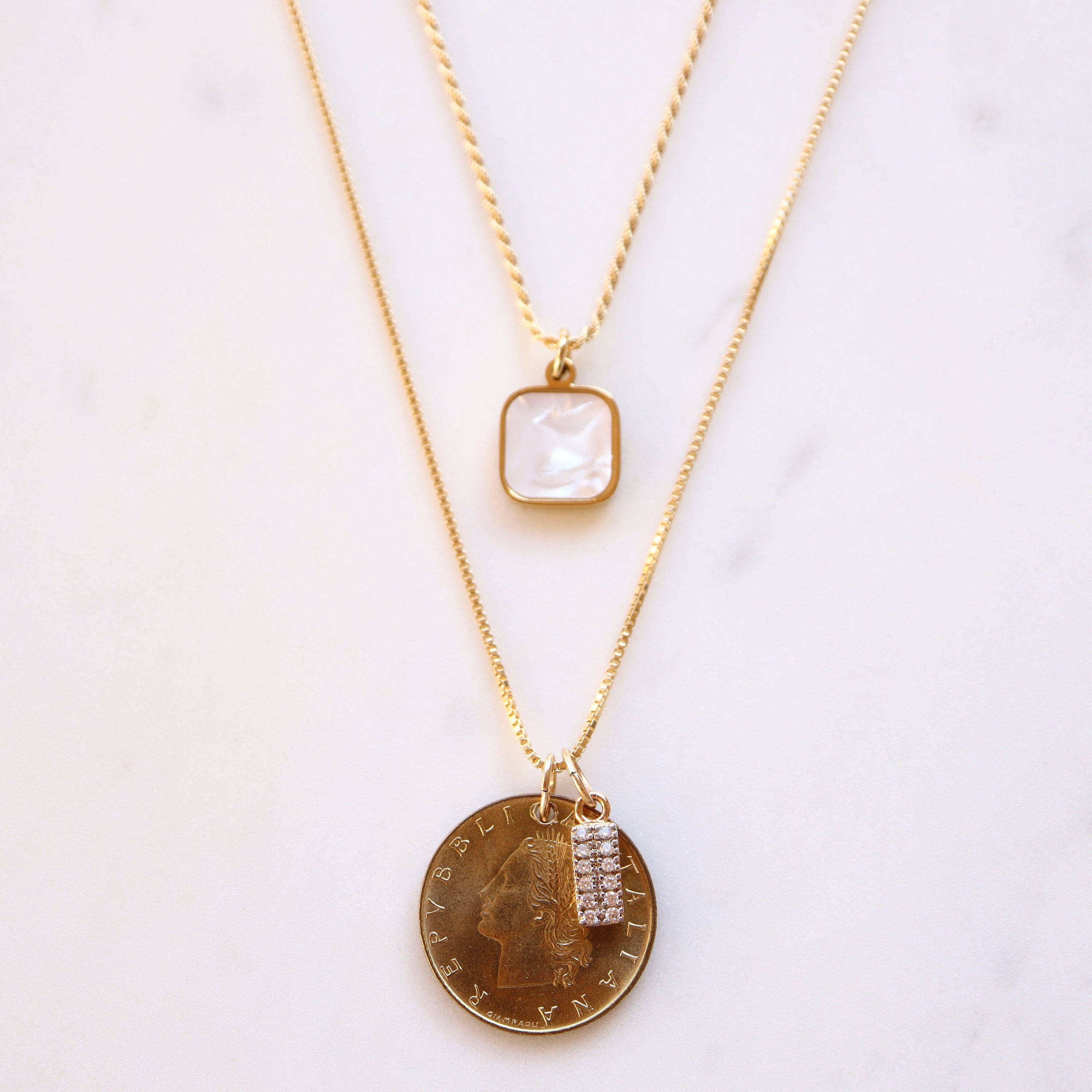 ITALY | Vintage Coin, Pearl & Simulated Diamond Necklace Set