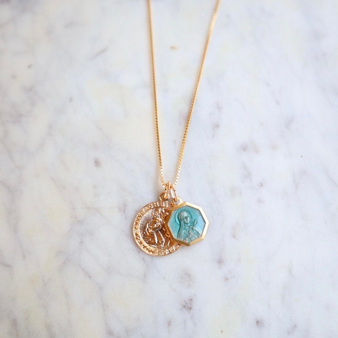 ST CHRISTOPHER | Vintage Saint Therese of Lisieux (Aqua Enamel) Necklace