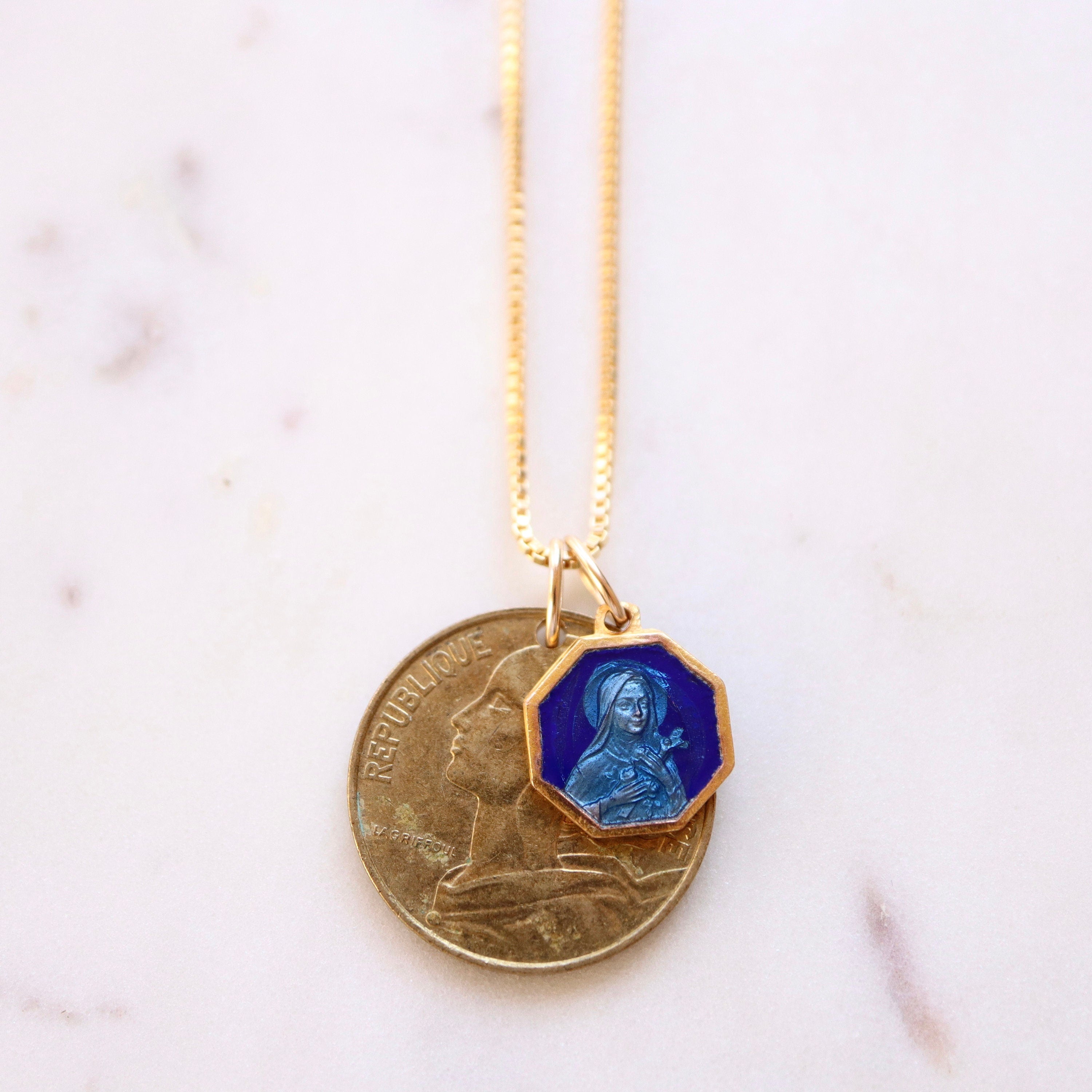 FRANCE | Vintage Coin & Saint Therese (Blue Enamel) Necklace