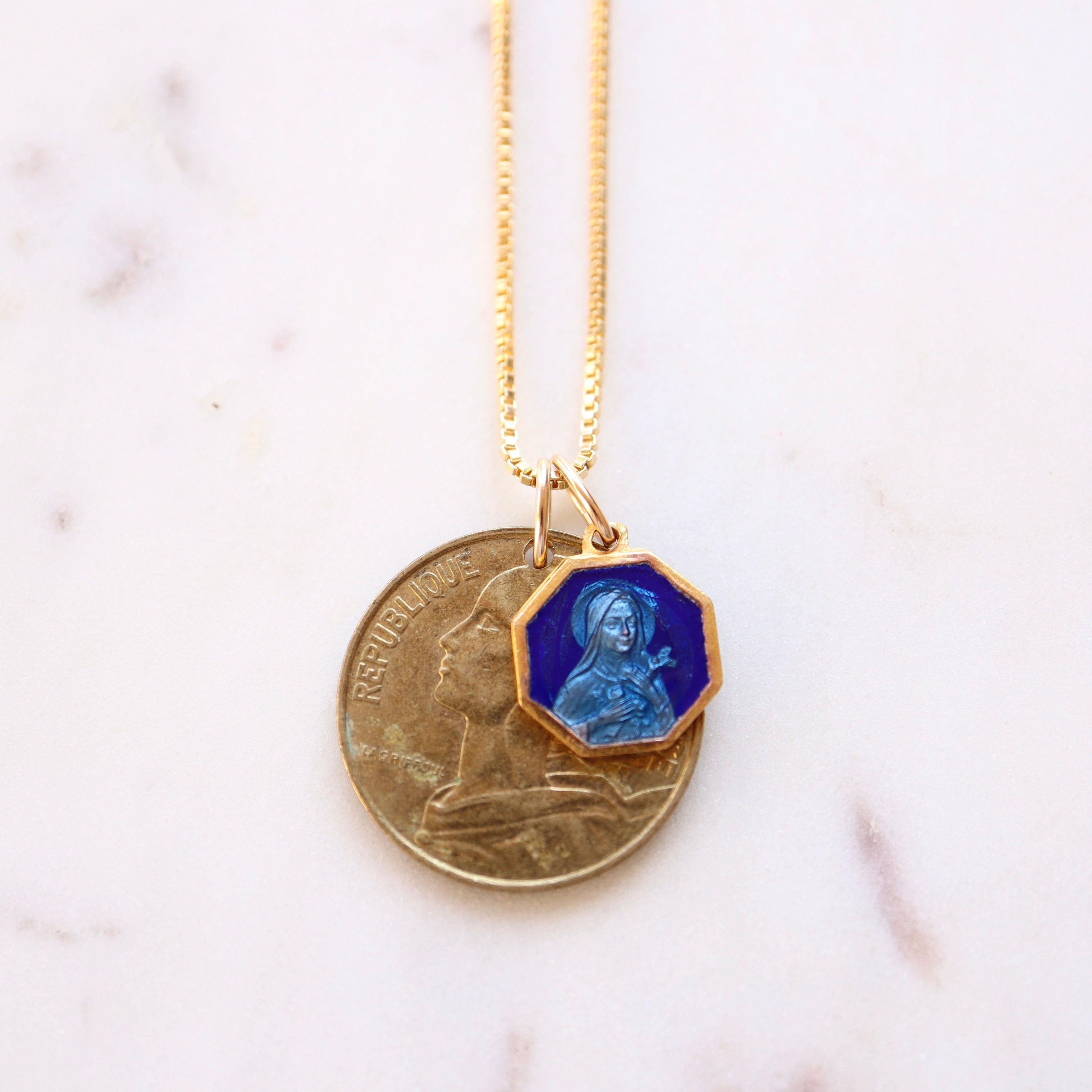FRANCE | Vintage Coin & Saint Therese (Blue Enamel) Necklace