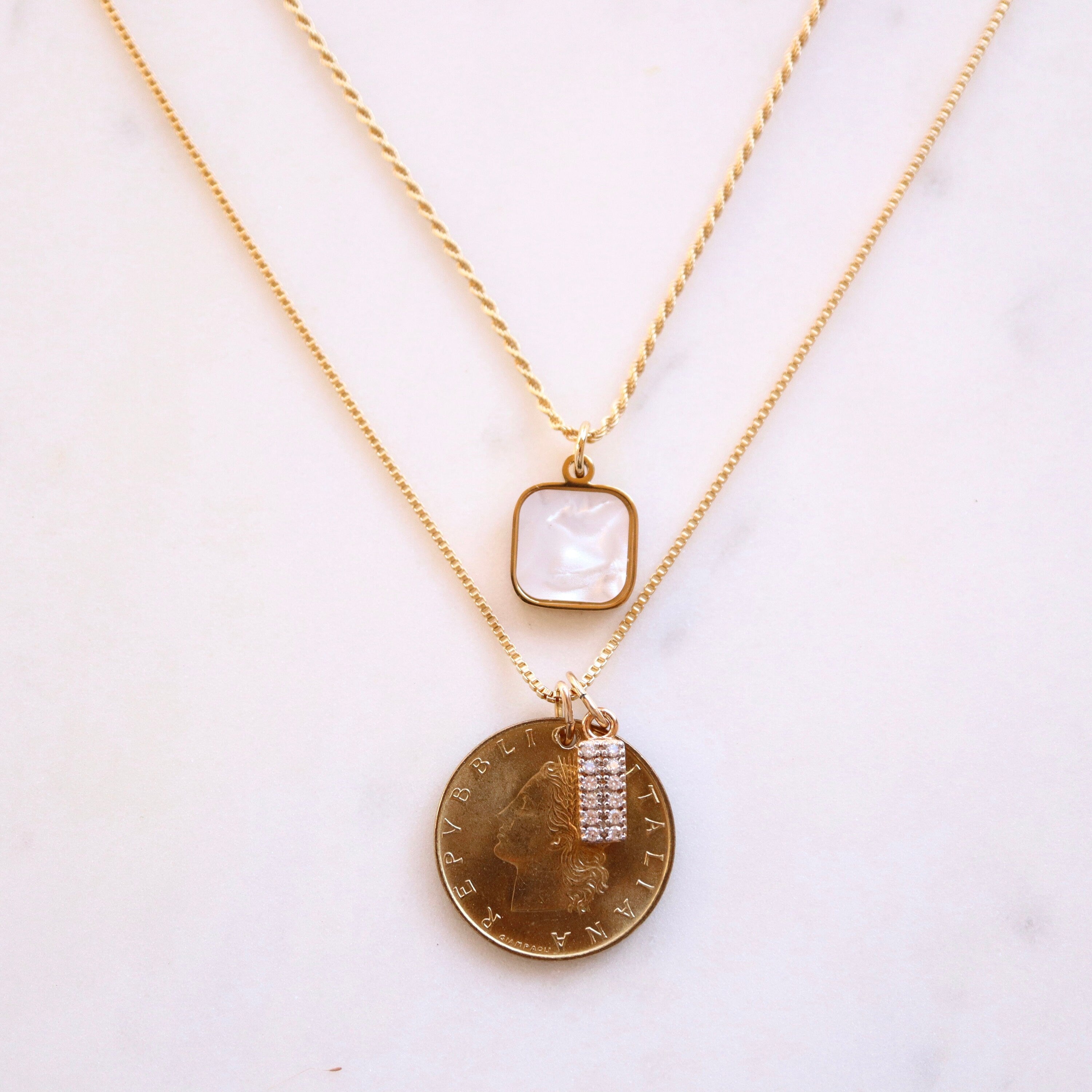 ITALY | Vintage Coin, Pearl & Simulated Diamond Necklace Set