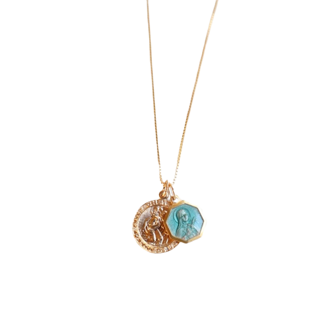 Saint Christopher + Saint Thérèse of Lisieux Pendant (Aqua)