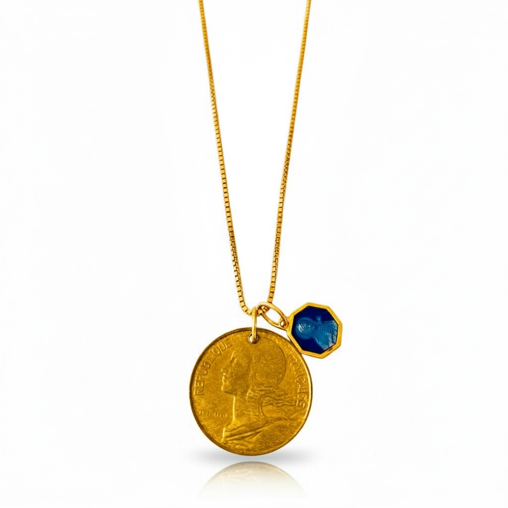 France 10 Centimes + St. Thérèse of Lisieux Enamel (Aqua or Dark Blue)